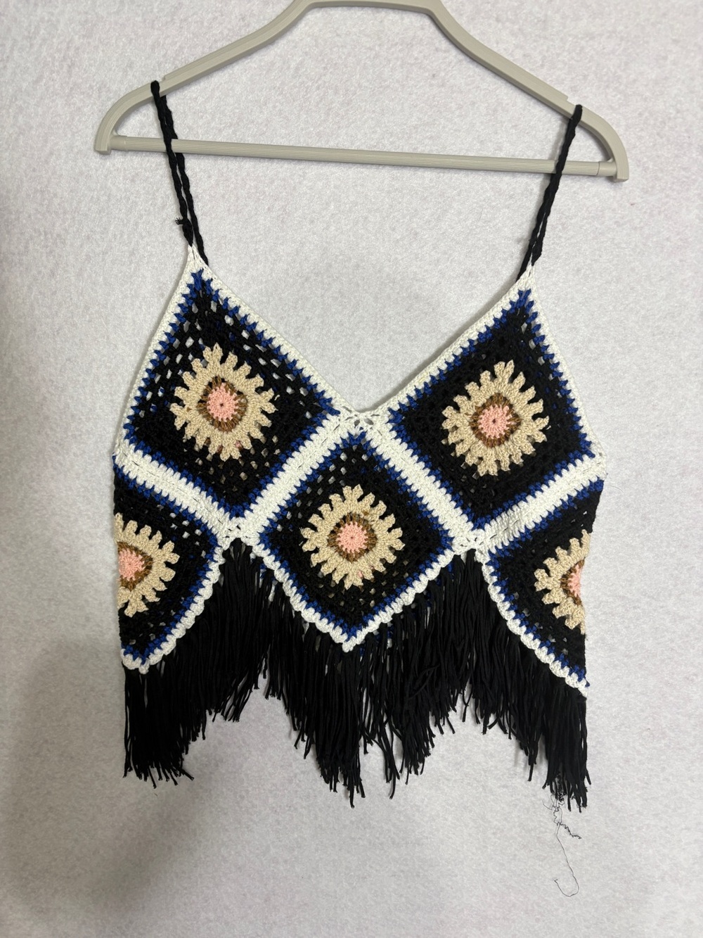 Crochet Fringe Tank Top with Black and Cream Floral Squares